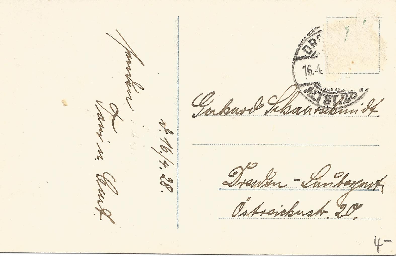 Postkarte (Rckseite) vom 16.04.1928