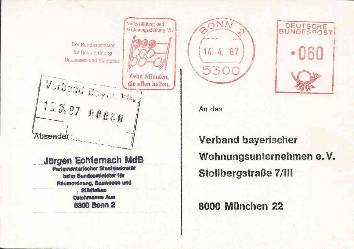 Postkarte mit Stempel zur Volkszhlung 1987
