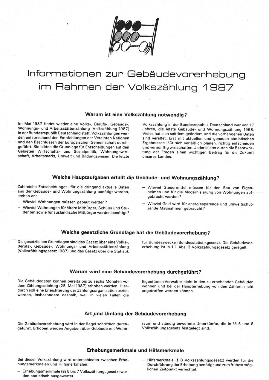 Merkblatt zu Gebäudevorerhebung - Volkszählung 1987, 1. Seite